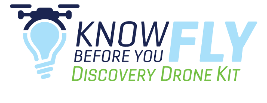 Logo with a drone, bulb, and text "Know Before You Fly Discovery Drone Kit."