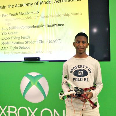 8th grader at ALL SAINTS SCHOOL participating in the DaVinci Challenge to learn more about drones for his science project.