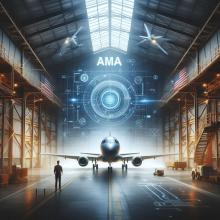A plane inside of an AMA hangar