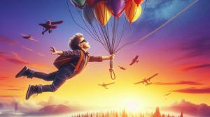 A child floating in the air with balloons