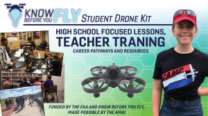 Student with drone, wearing a red cap, next to text about a drone kit and training program.