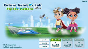Future Aviator Lab: Fly the Pattern game homepage featuring a runway, aircraft, animated student characters, a play button, and multiple aviation learning levels.