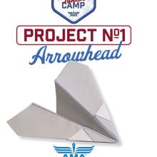 Cover of the instruction sheet for AMA Jr. Camp V3 Project 1 showing the finished paper airplane