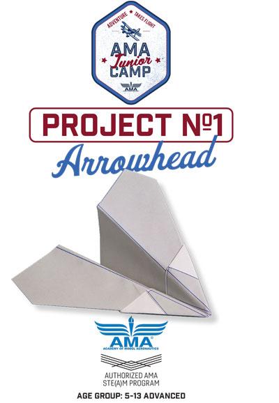 Cover of the instruction sheet for AMA Jr. Camp V3 Project 1 showing the finished paper airplane