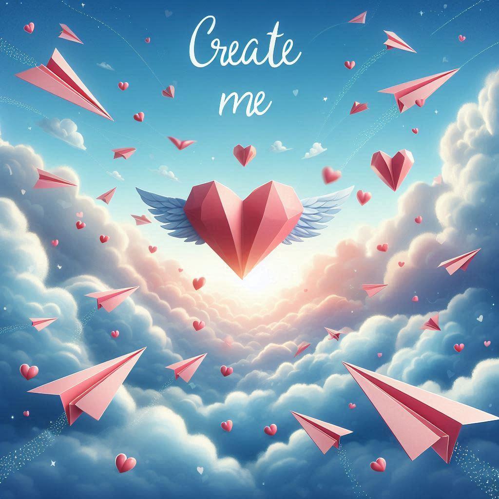 A heart paper airplane floating in the sky. Surrounded by other paper airplanes.