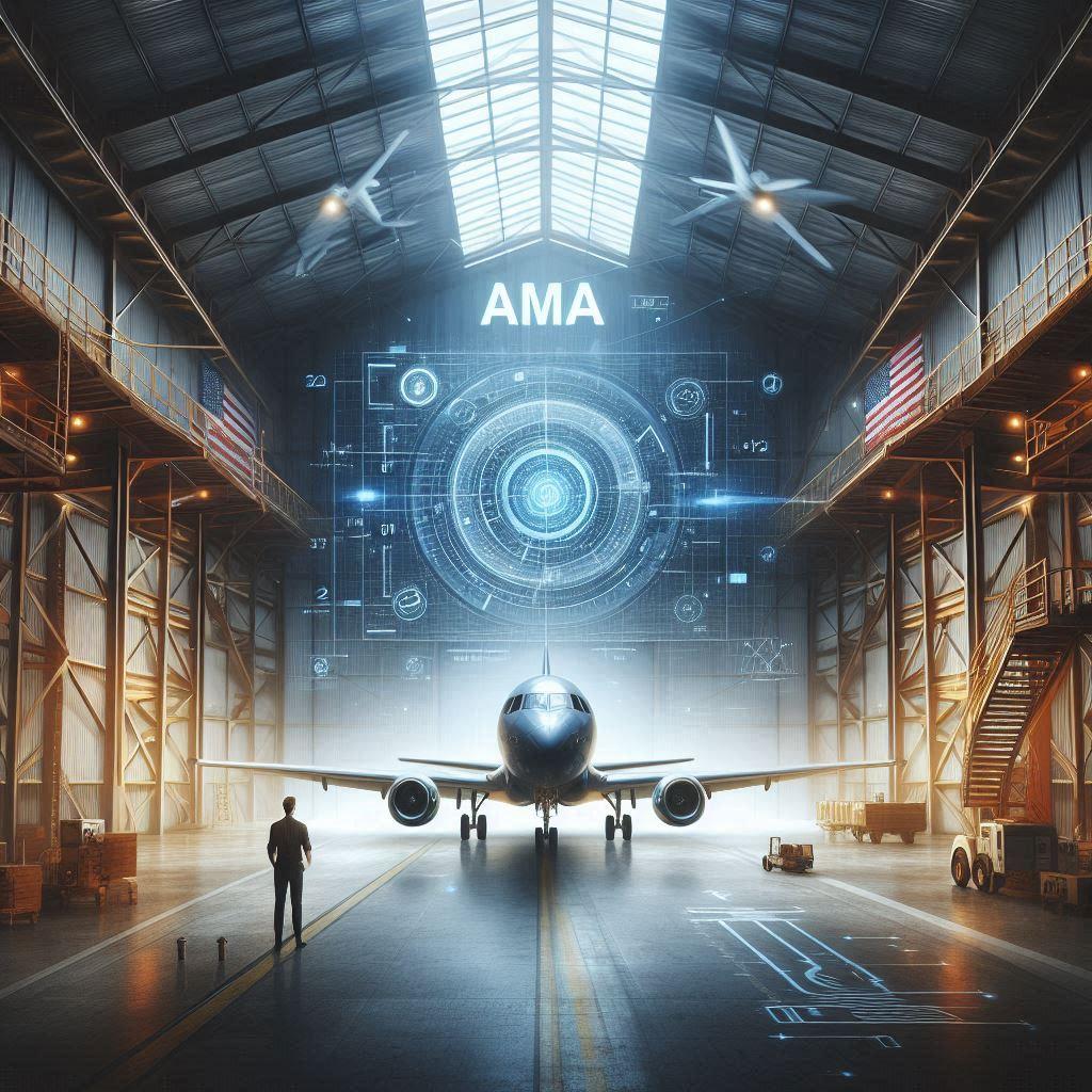 A plane inside of an AMA hangar