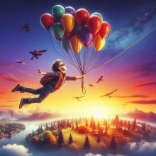 A child floating in the air with balloons
