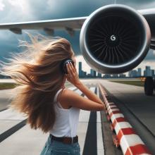 a woman standing next to a plane