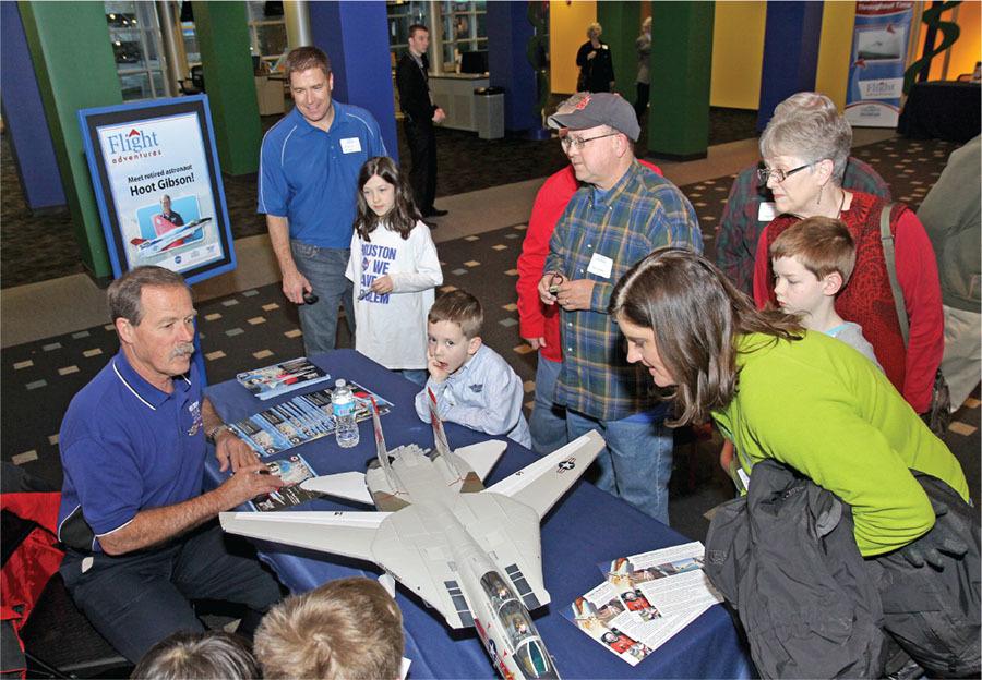 AMA Ambassador and NASA Astronaut Hoot Gibson shares his story with attendees of the CSI: Flight Adventures exhibit opening. 