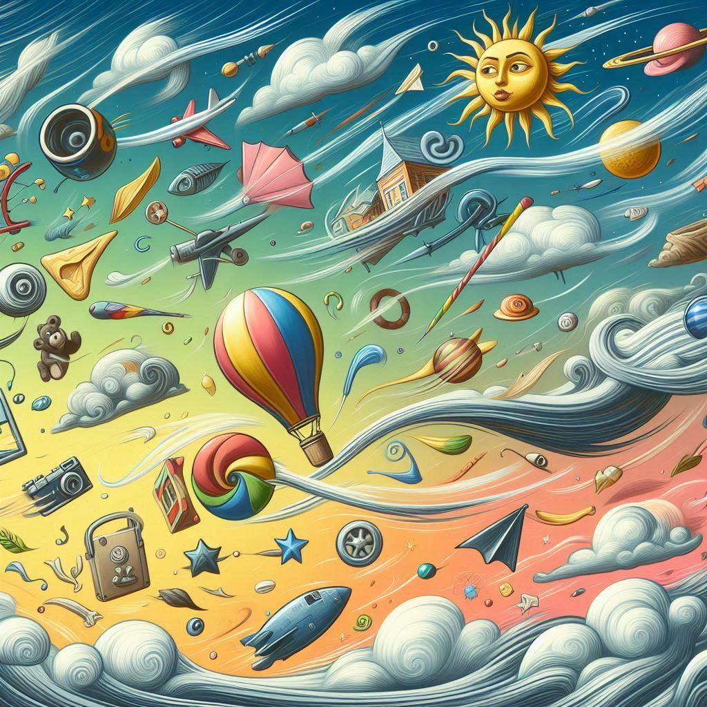 Wind blowing objects through the sky