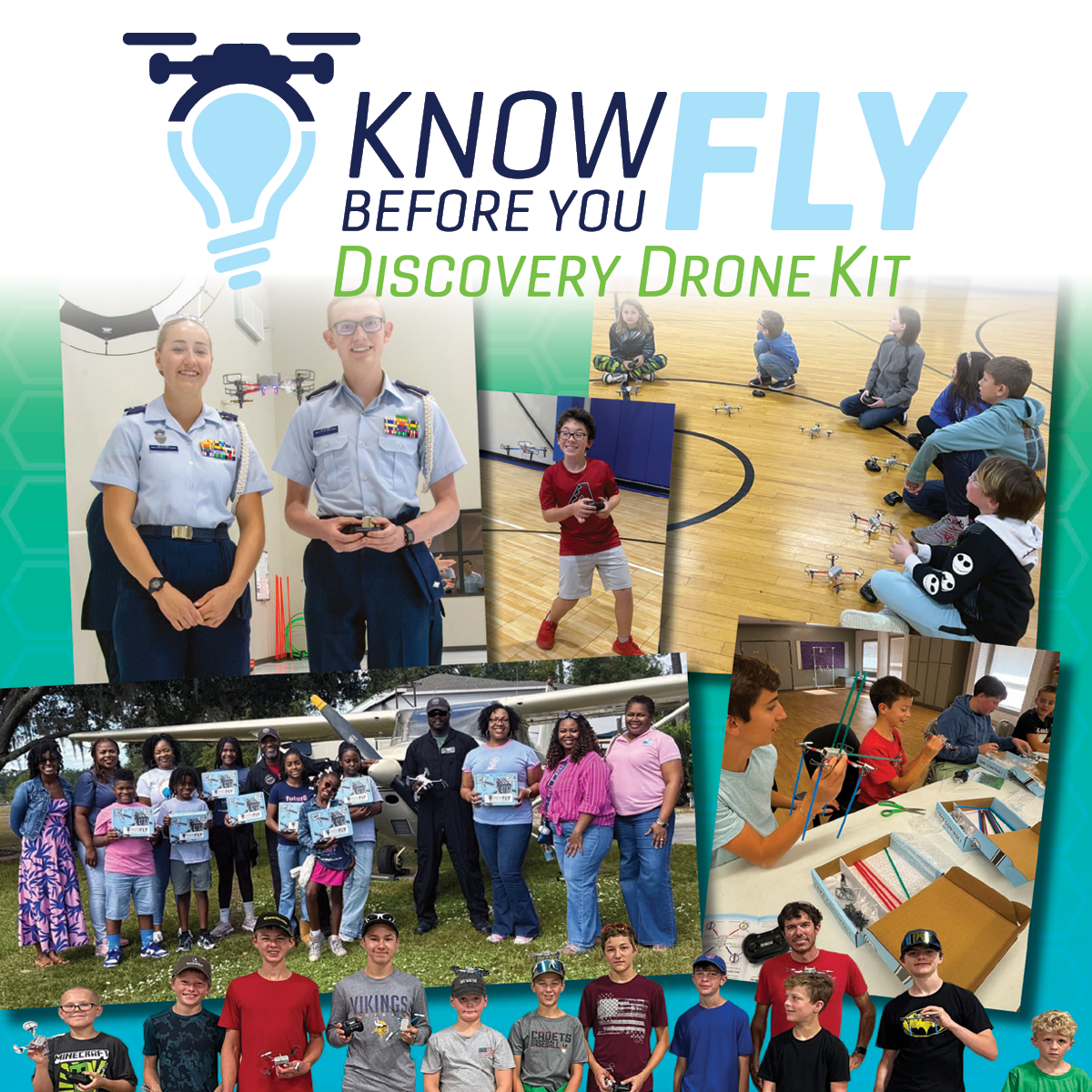 Collage of people engaging with drones and drone kits in various settings.